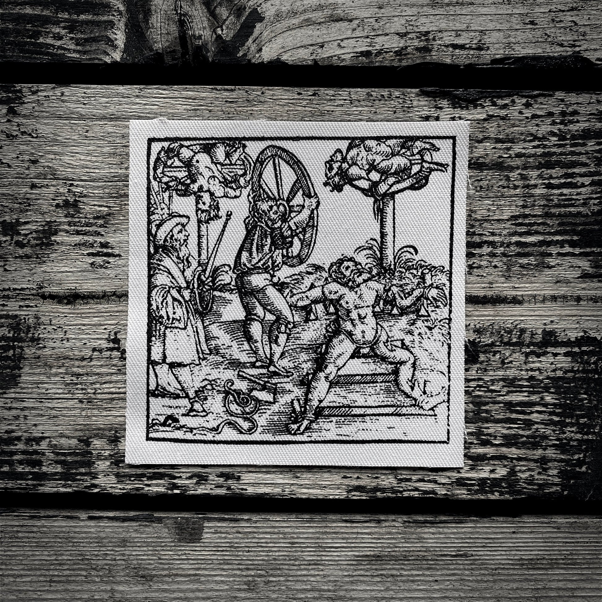 Woodcut illustration of medieval torture - screen printed PATCH