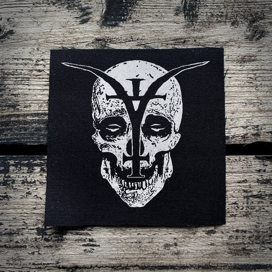 Human skull with demon cross - screen printed PATCH