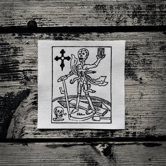 Old woodcut skeleton, white patch - screen printed PATCH