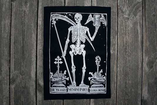 Old skeleton death card, Sic Transit Gloria Mundi Nemini Parco - BACK PATCH