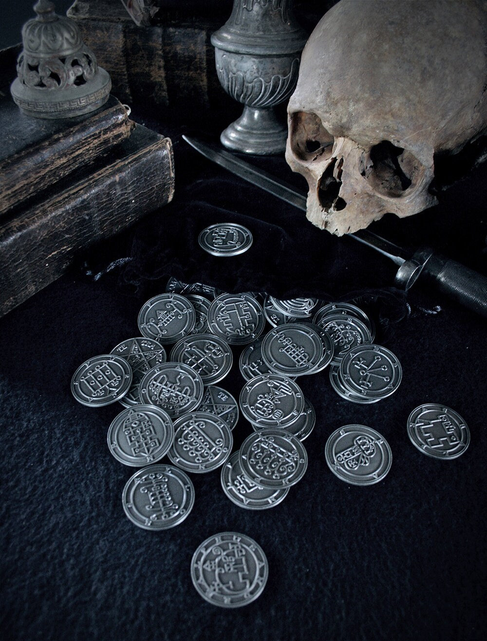 Demon Coin Ritual Coin Ars Goetia, demon seals / sigils coins, wooden altar piece - COIN SET ...