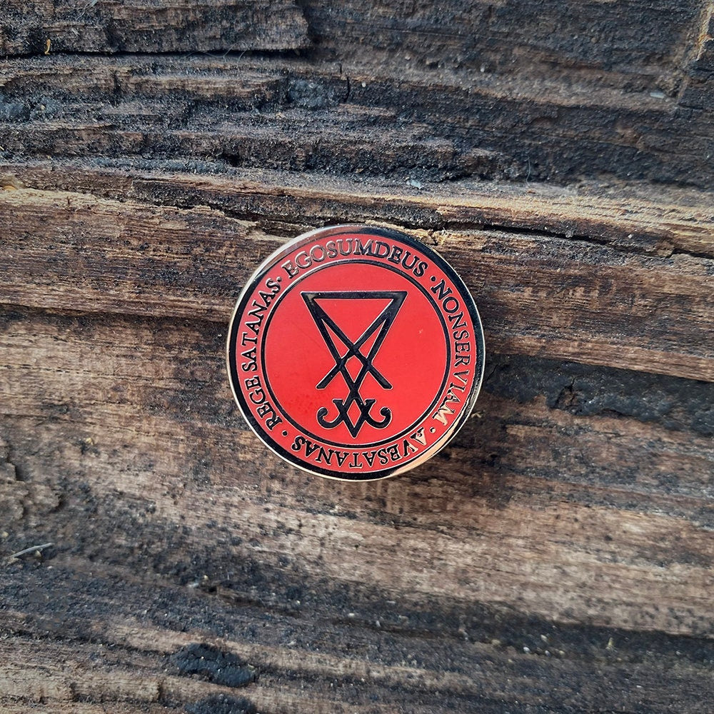 Sigil of Lucifer, red and silver version w text - PIN