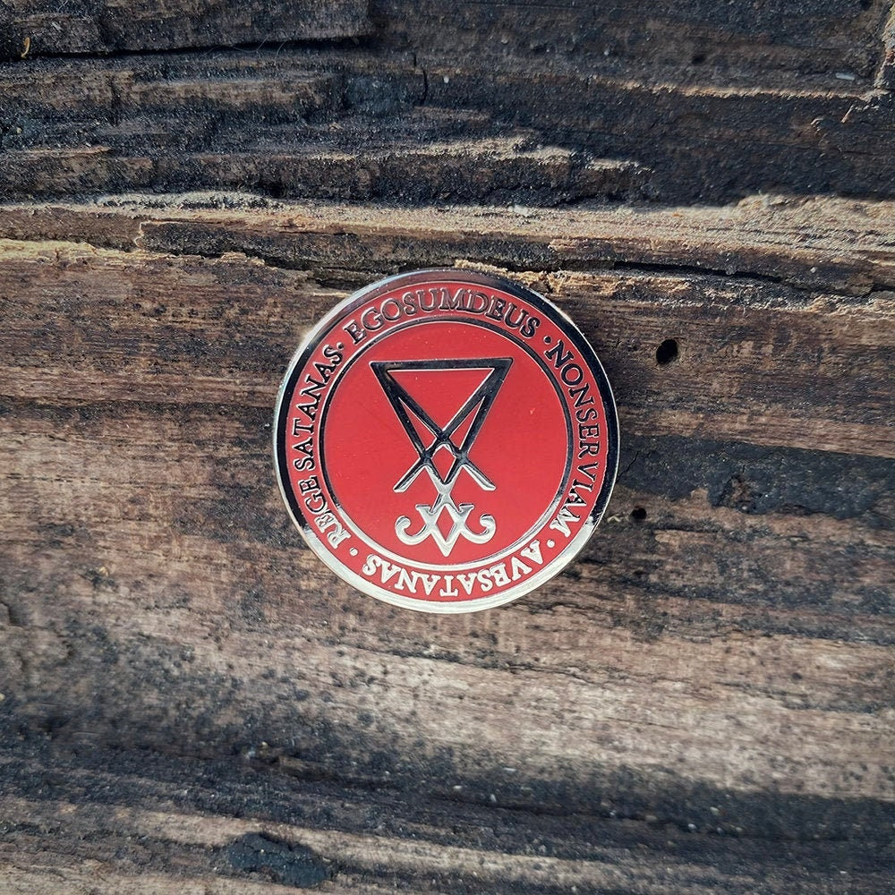 Sigil of Lucifer, red and silver version w text - PIN