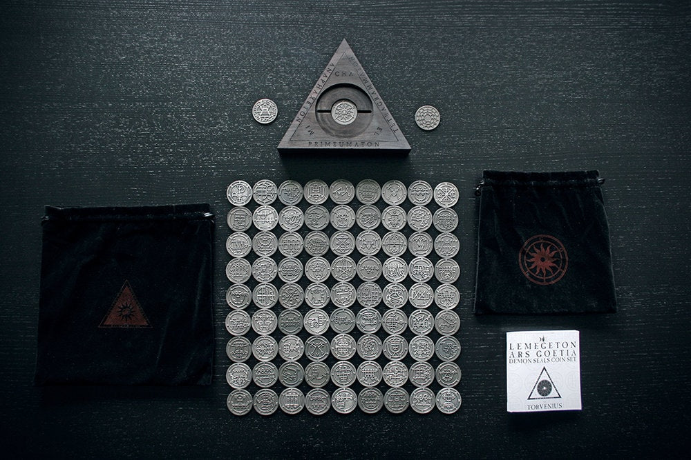 Ars Goetia, demon seals / sigils coins, wooden altar piece - COIN SET (deluxe demonic edition)